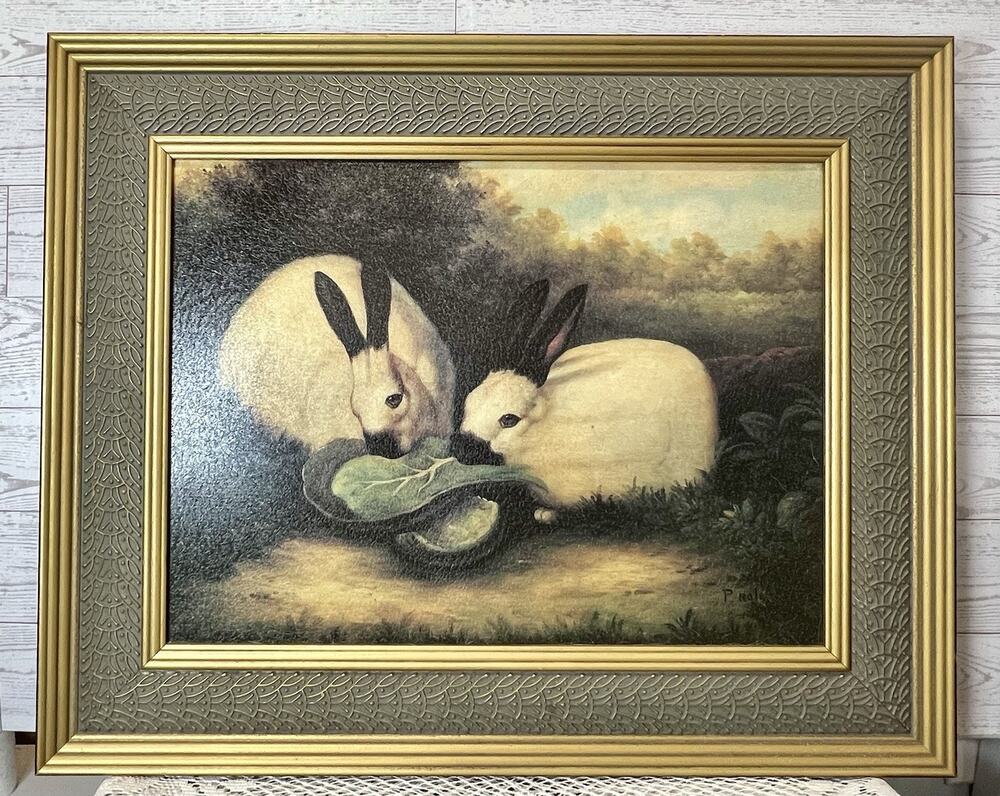 Vintage P. Rolence Two Himalayan Rabbits Eating Cabbage Framed Print Cottagecore